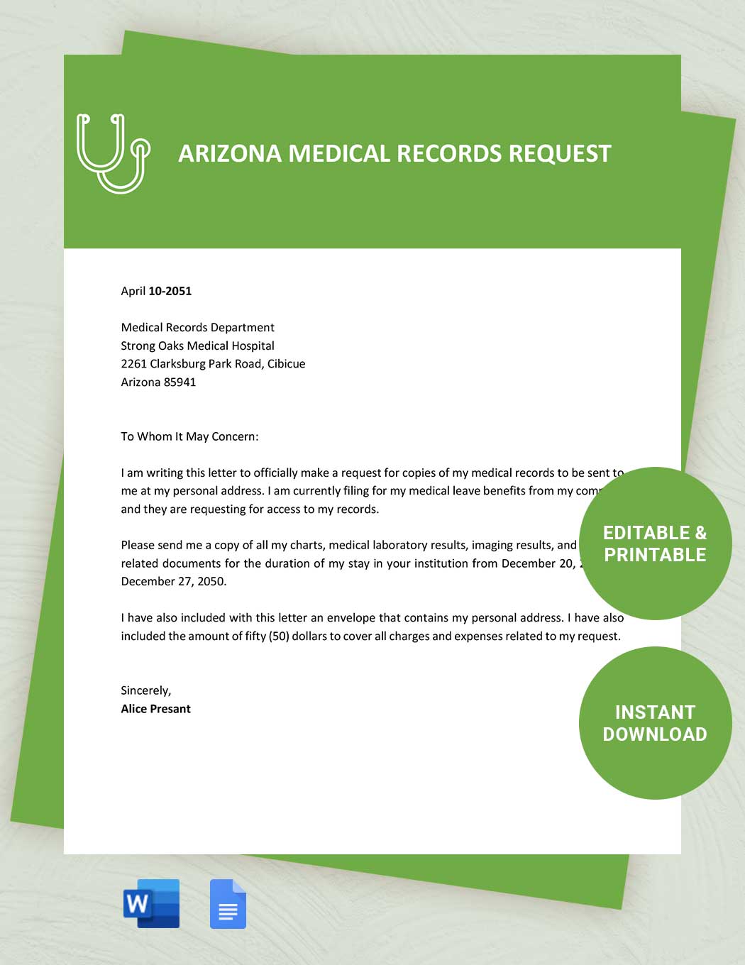 Arizona Medical Records Request Template in Word, Google Docs