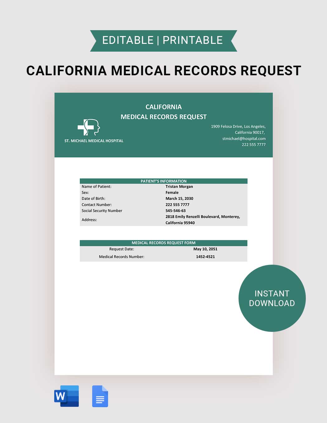 California Medical Records Request Template in Word, Google Docs