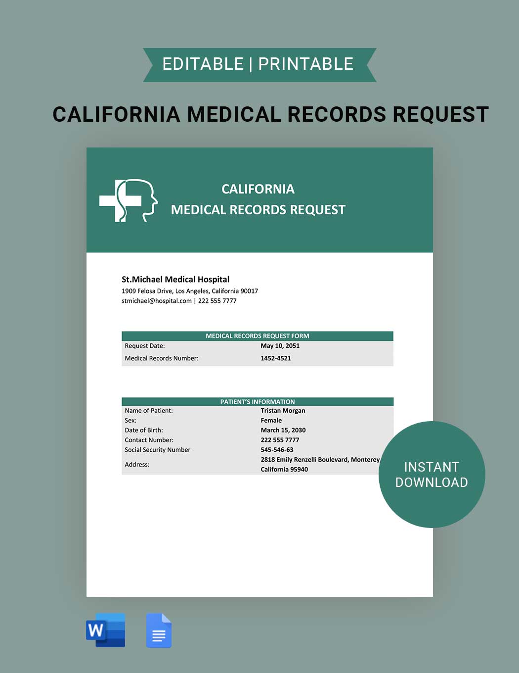 California Medical Records Request Template Google Docs Word 