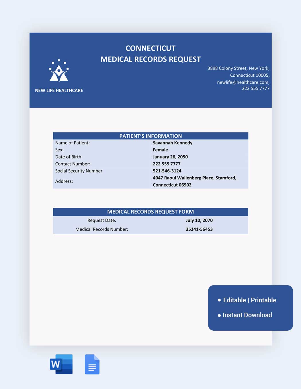 Connecticut Medical Records Request Template in Word, Google Docs