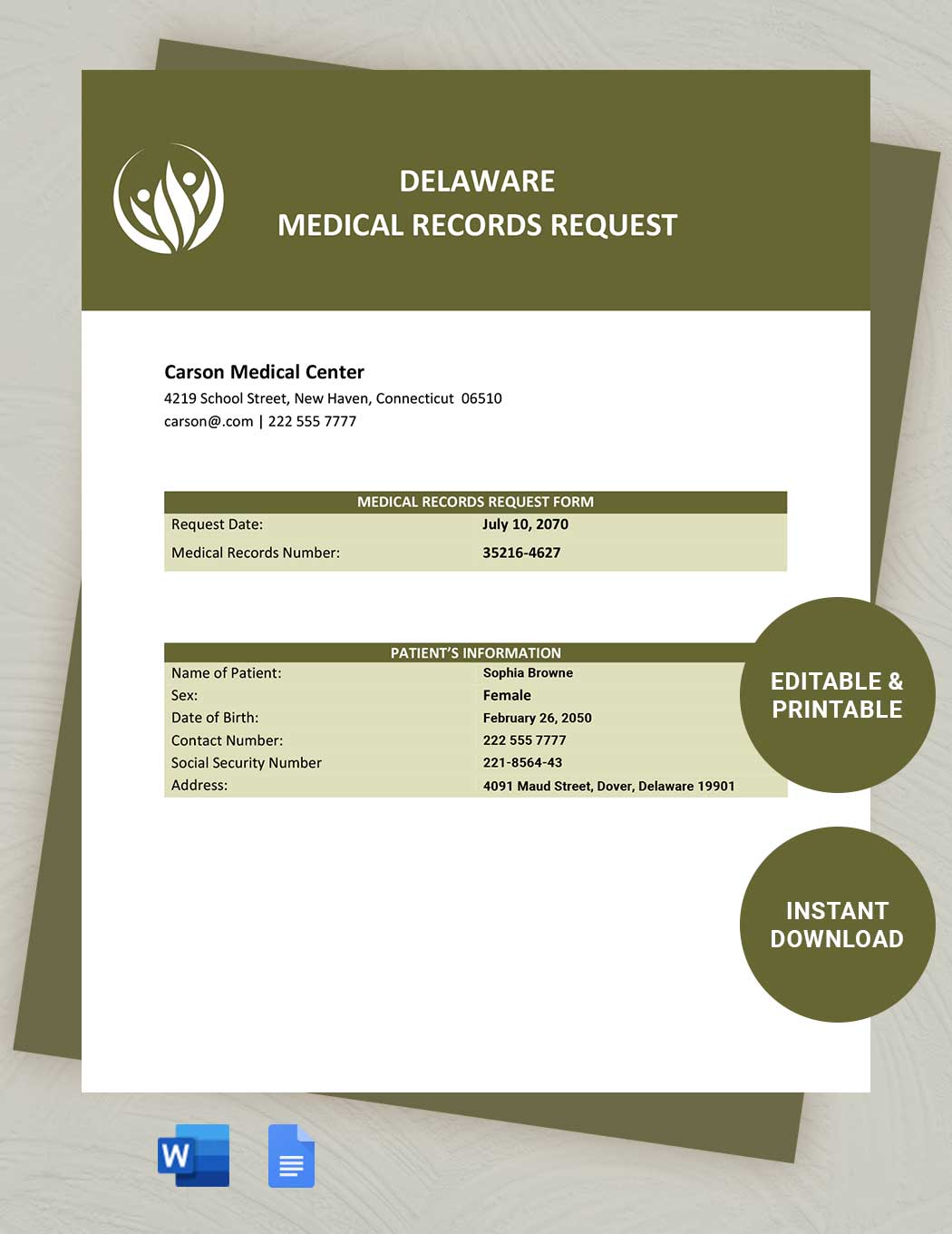 Delaware Medical Records Request Template in Word, Google Docs
