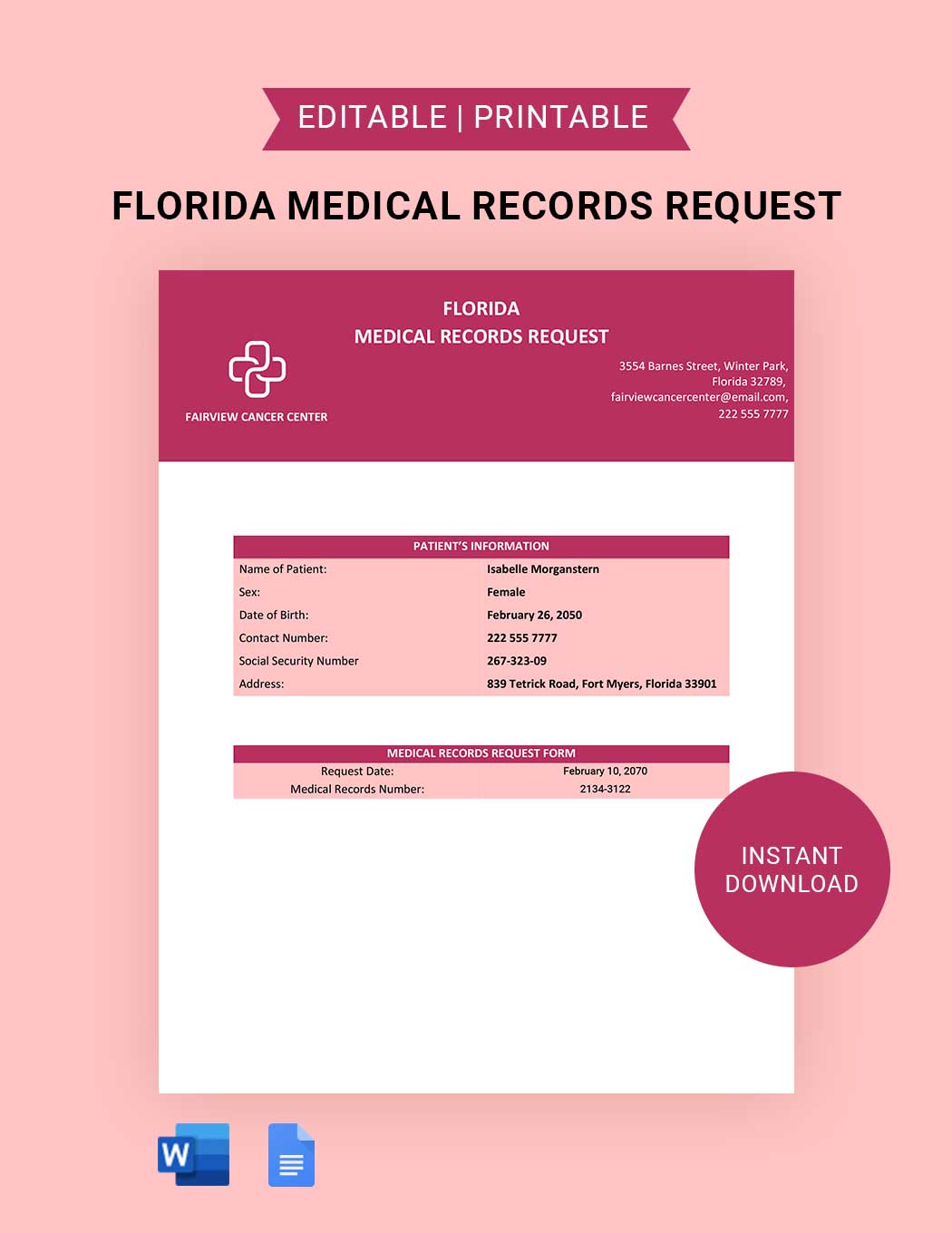 Florida Medical Records Request Template in Word, Google Docs
