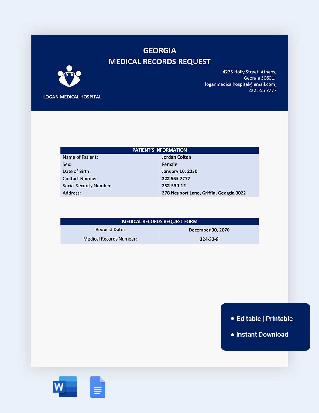 Georgia Medical Records Request Template in Word, Google Docs