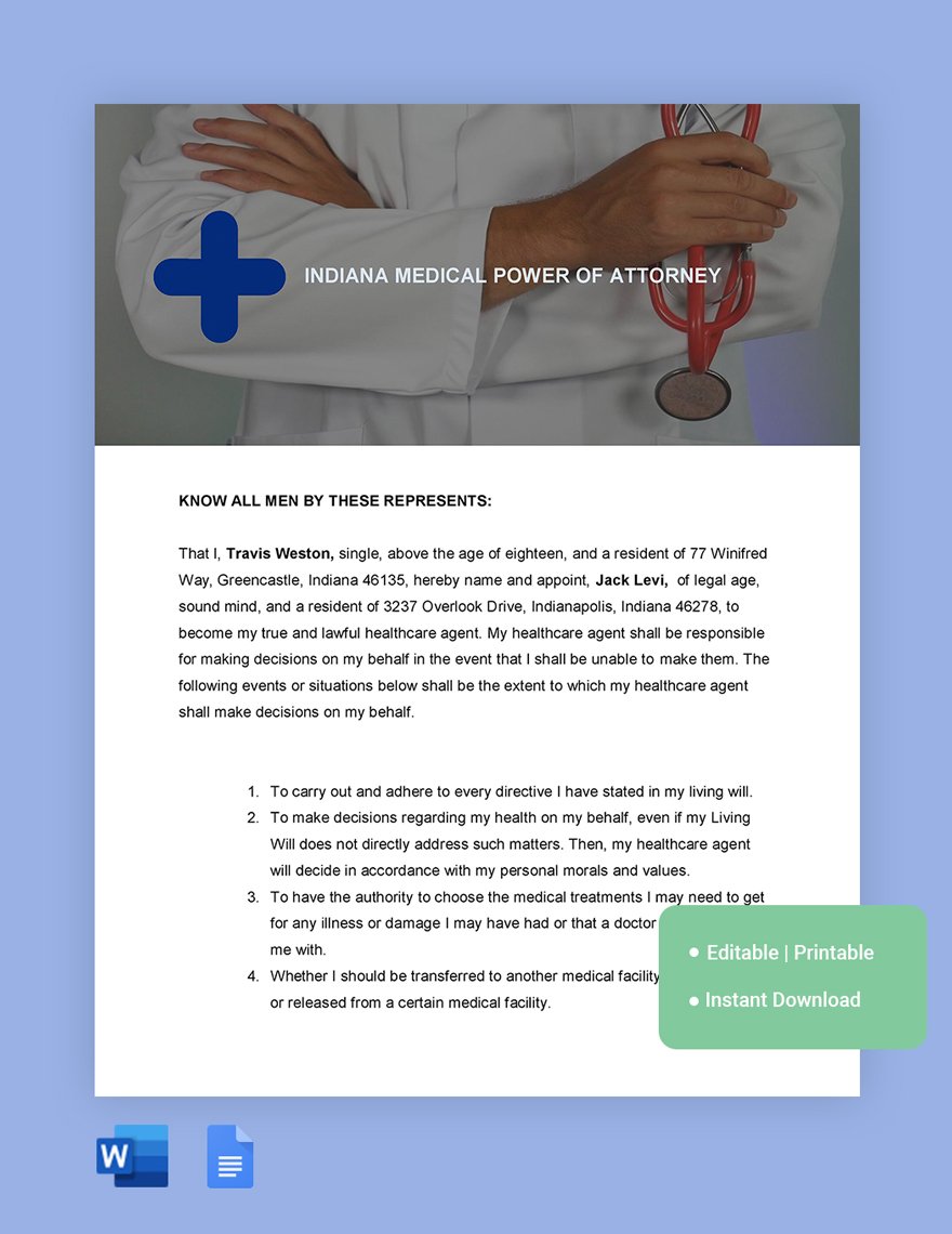 Indiana Medical Power Of Attorney Template in Word, Google Docs