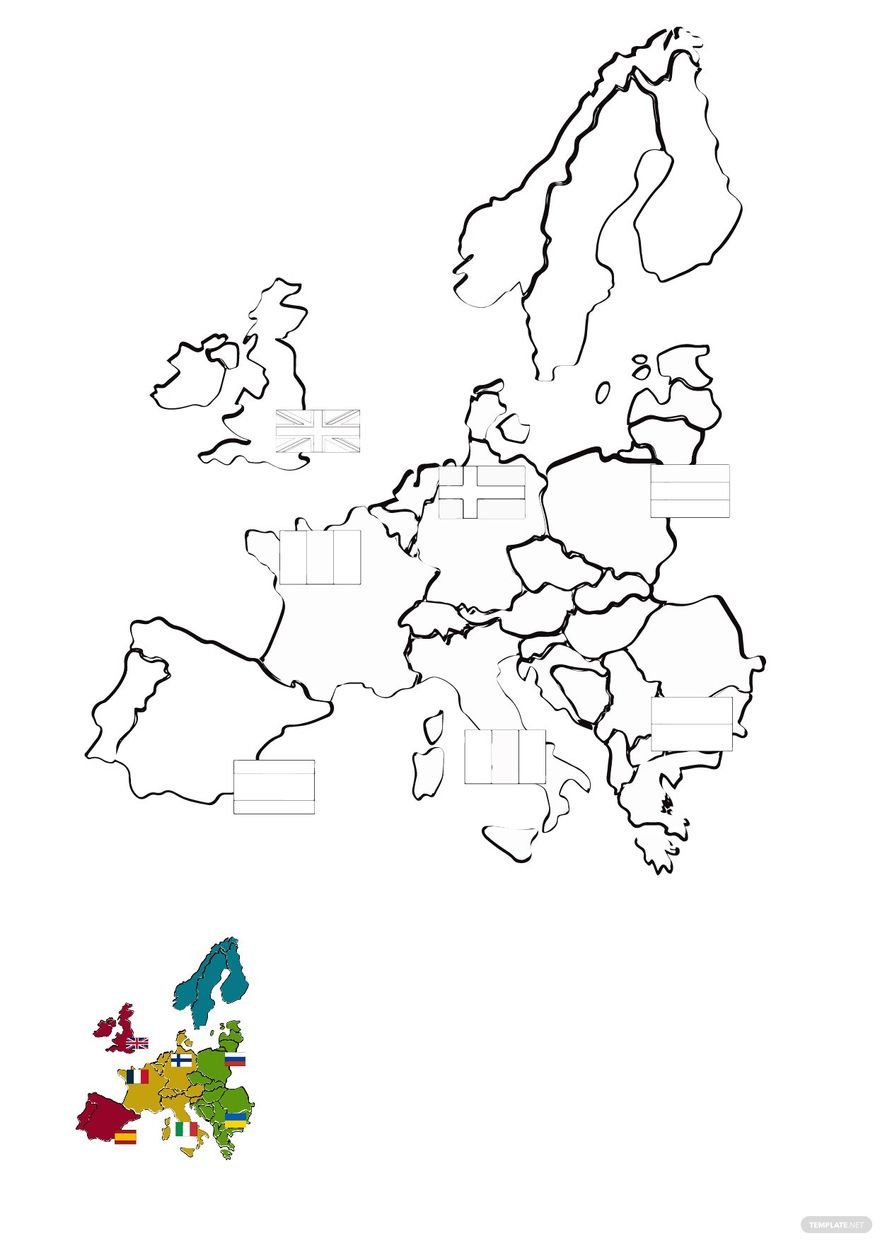 Europe Map With Flag Coloring Page in PDF