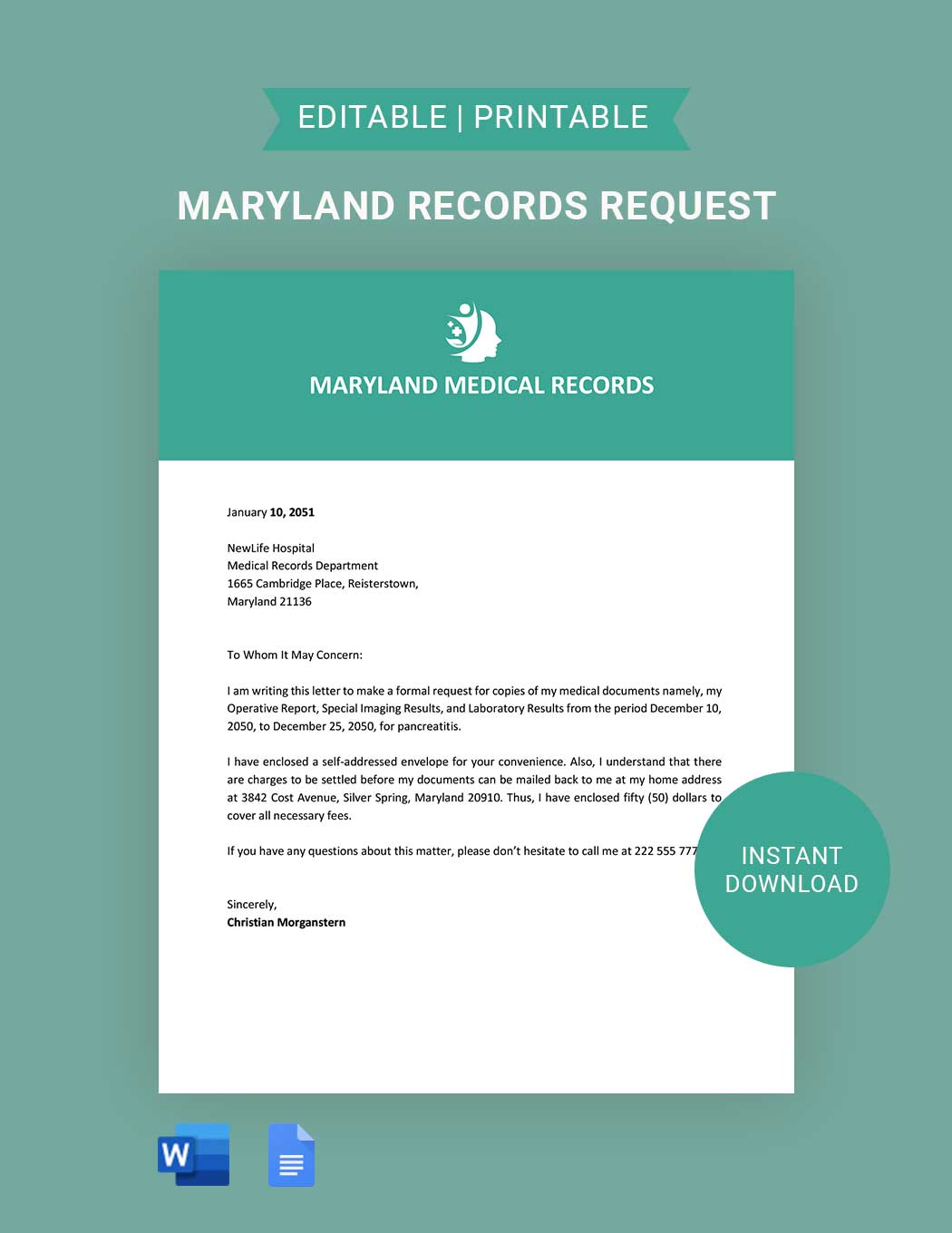 Maryland Medical Records Request Template in Word, Google Docs