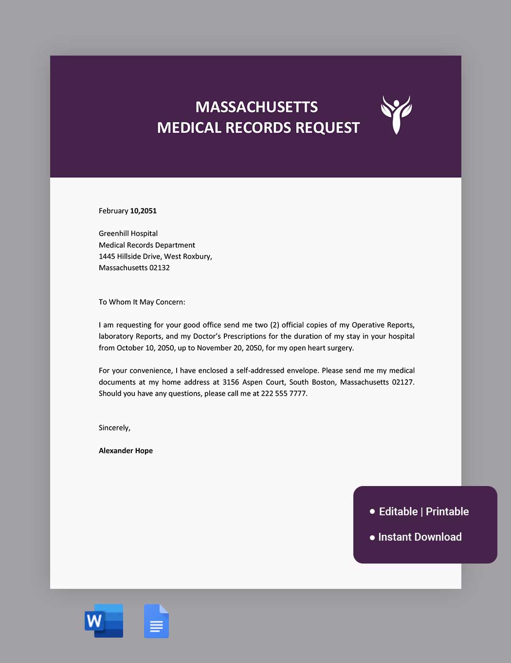 Massachusetts Medical Records Request Template in Word, Google Docs