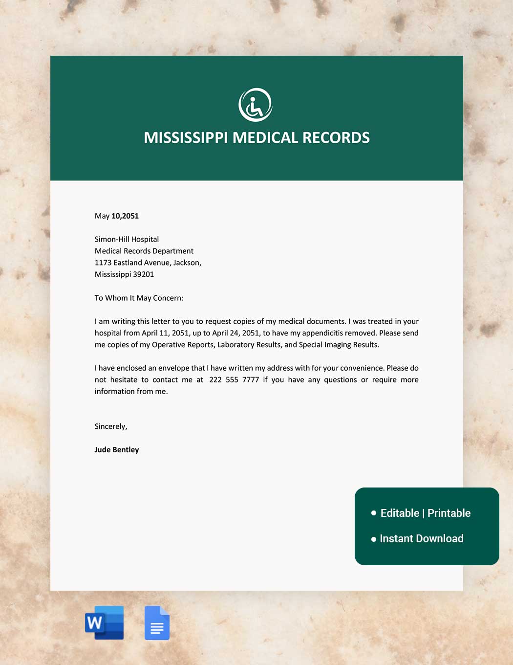 Mississippi Medical Records Request Template in Word, Google Docs