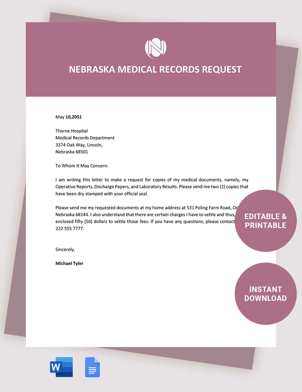 Nebraska Medical Records Request Template in Word, Google Docs