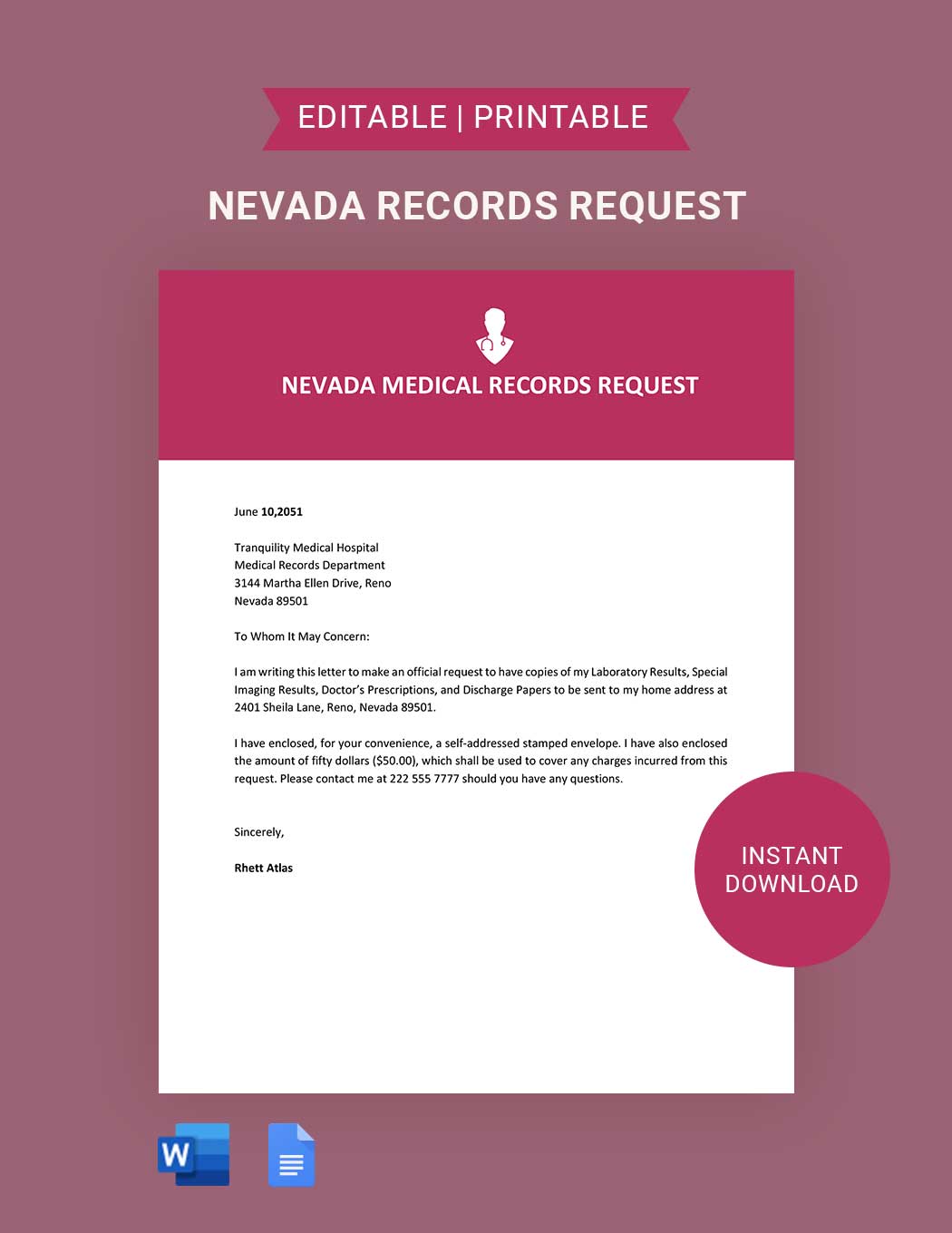 Nevada Medical Records Request Template in Word, Google Docs