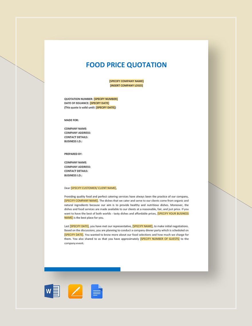 Food Price Quotation Template