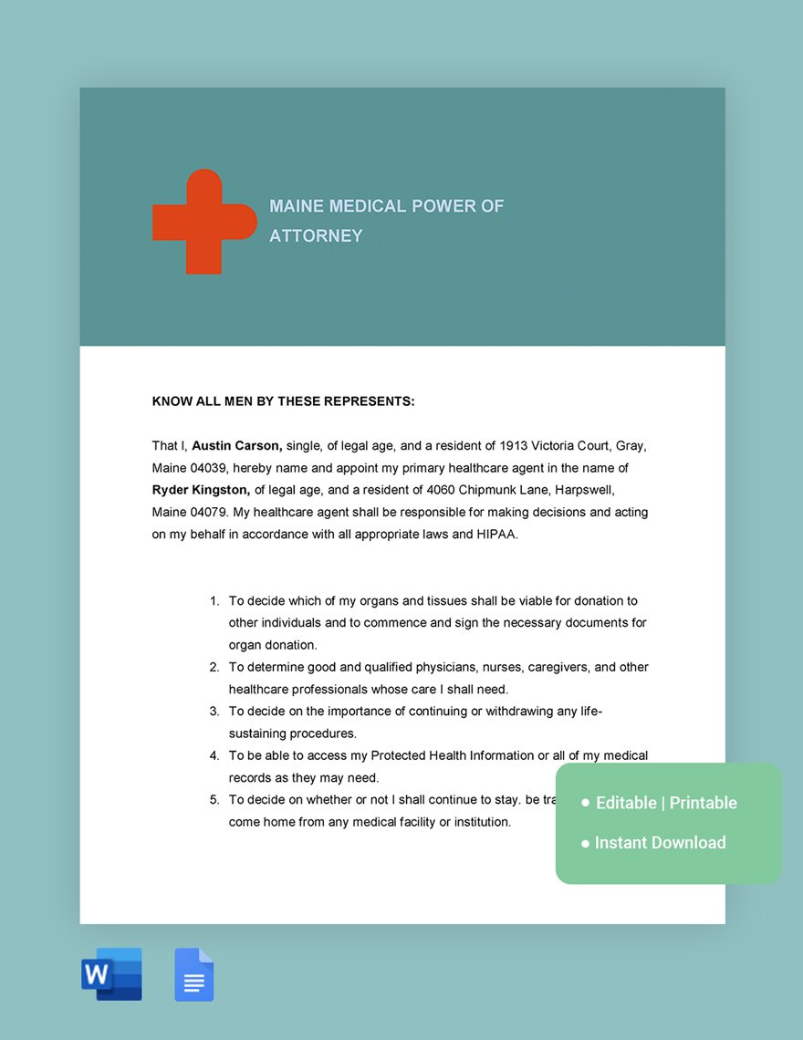 Maine Medical Power Of Attorney Template in Word, Google Docs