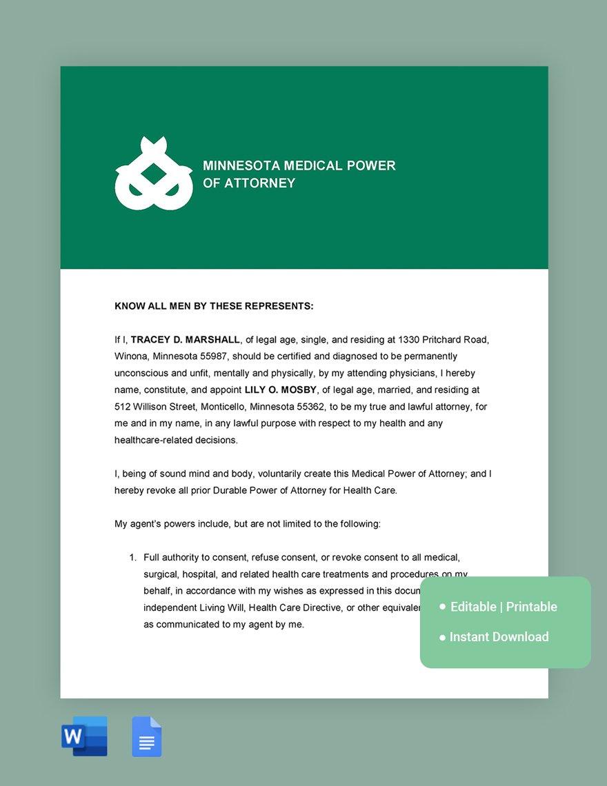 Minnesota Medical Power Of Attorney Template in Word, Google Docs