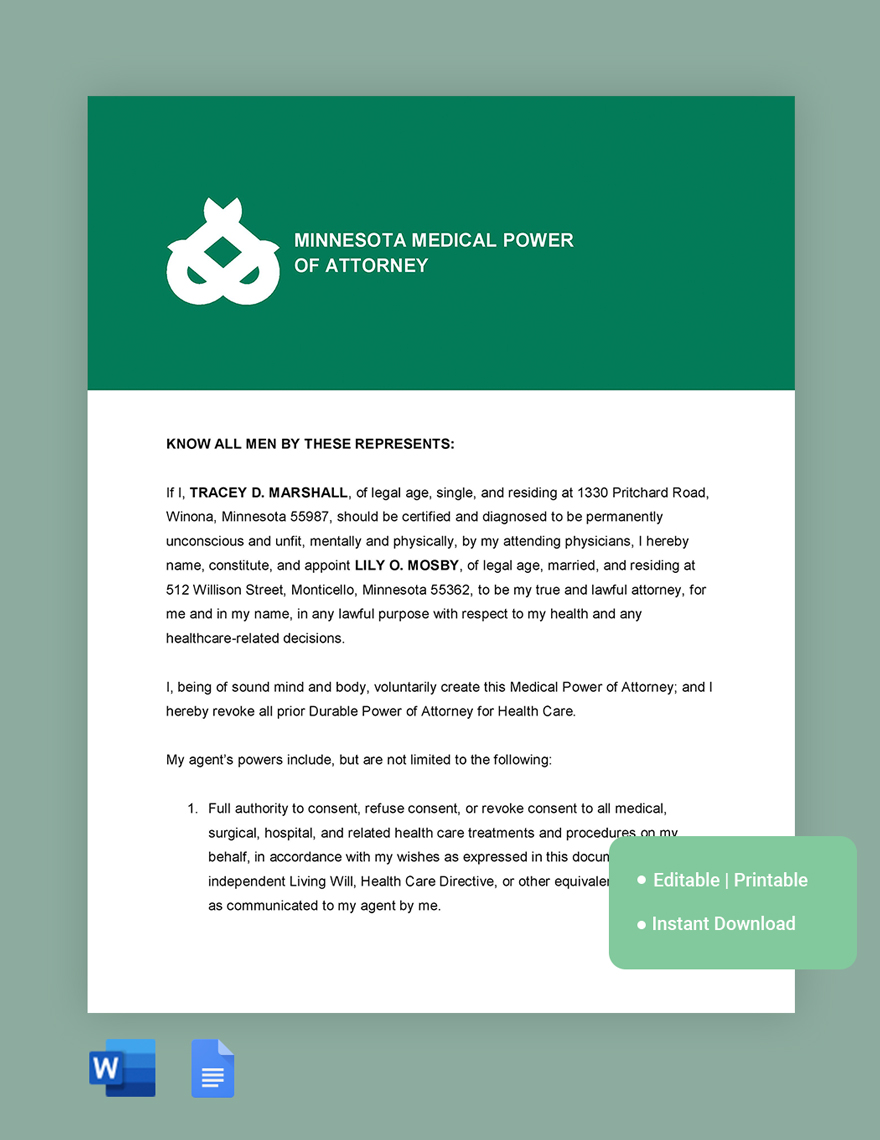 Minnesota Medical Power Of Attorney Template in Word, Google Docs - Download | Template.net