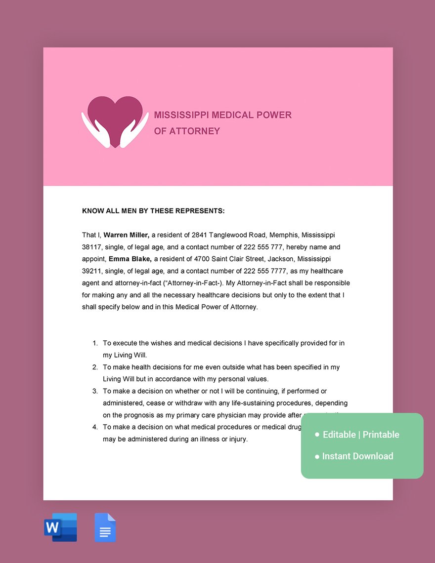 Mississippi Medical Power Of Attorney Template in Word, Google Docs