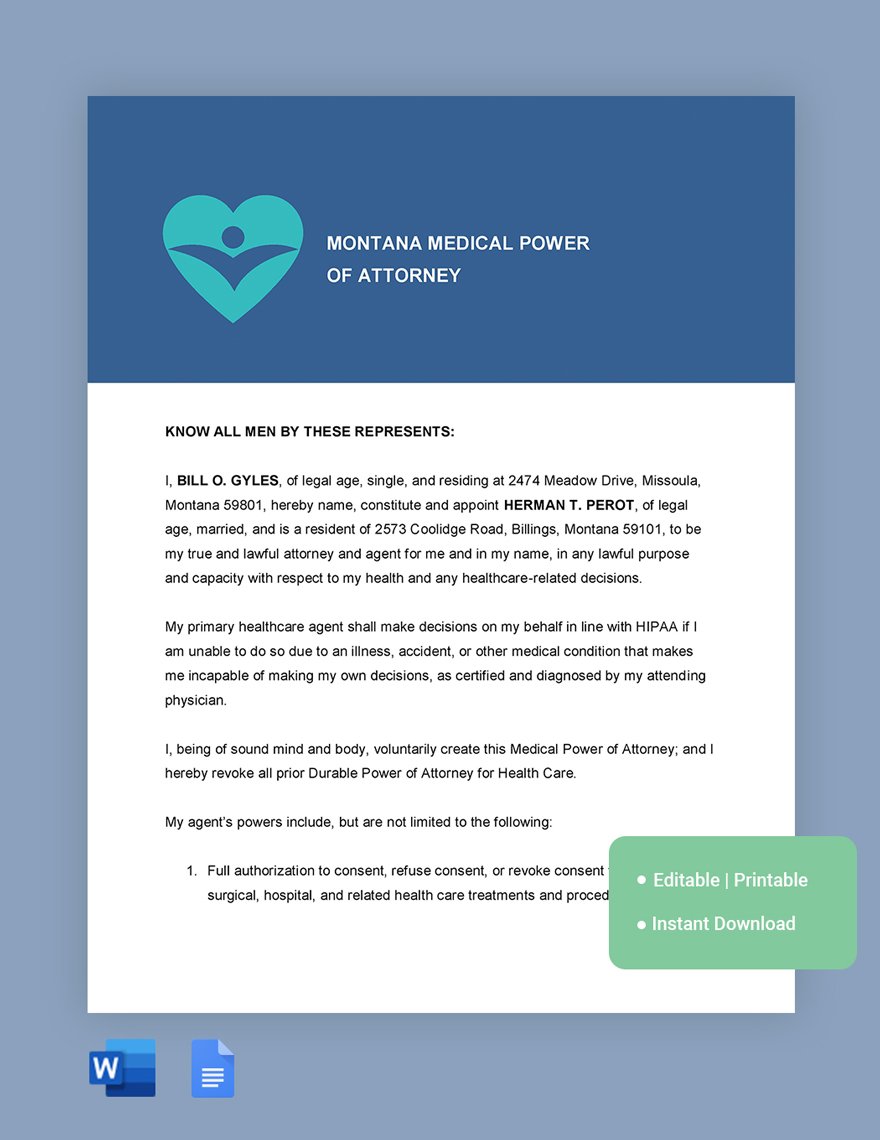Montana Medical Power Of Attorney Template in Word, Google Docs