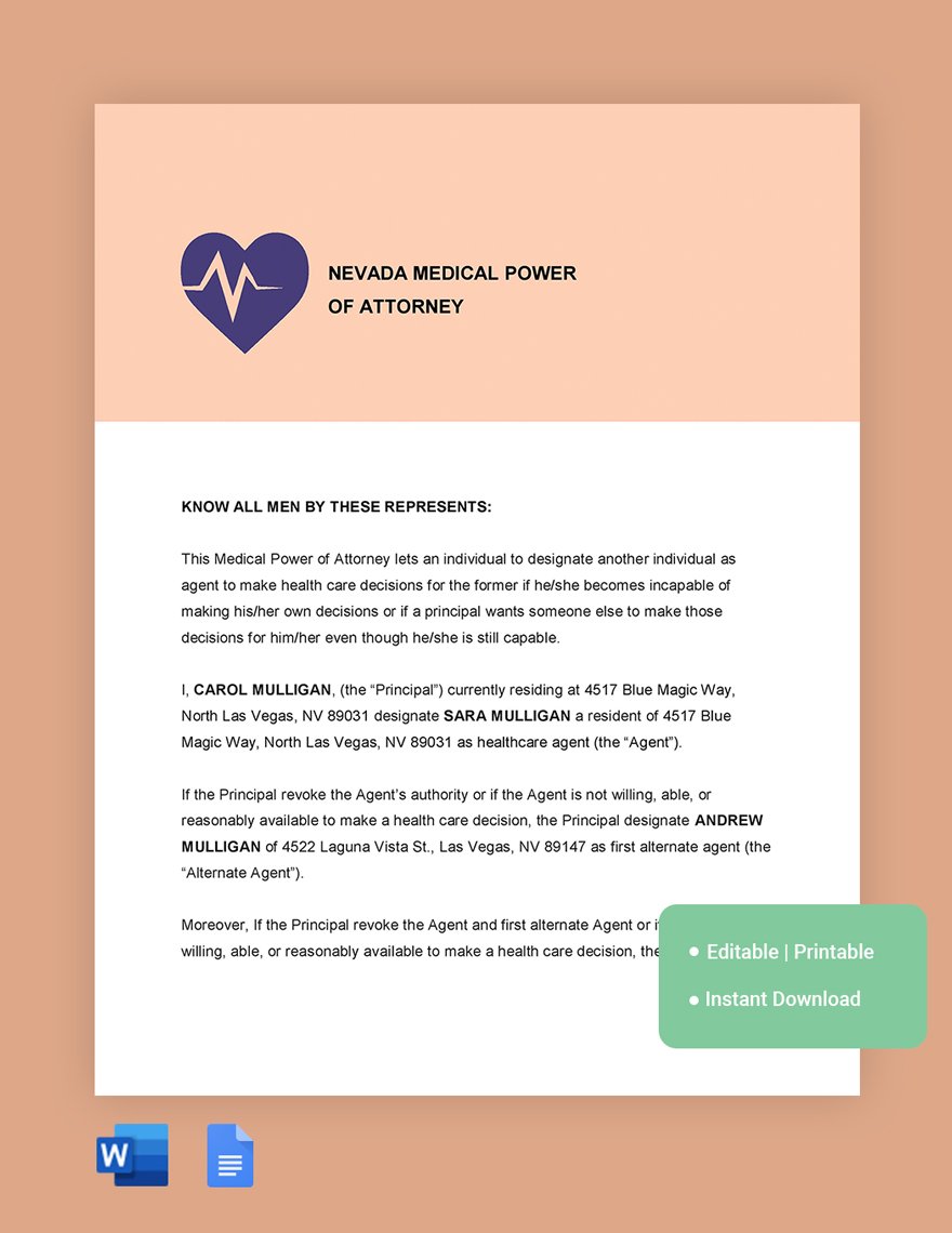 Nevada Medical Power Of Attorney Template in Word, Google Docs