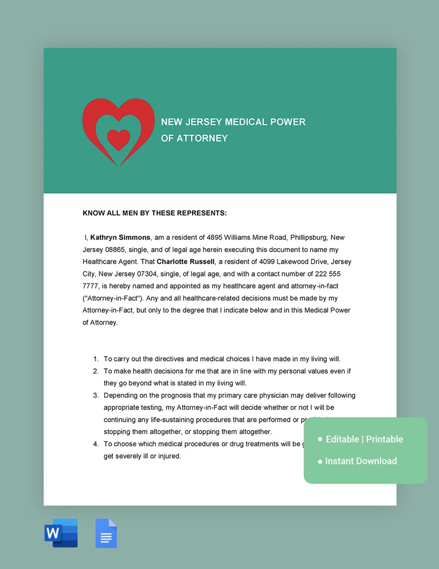 New Jersey Medical Power Of Attorney Template in Word, Google Docs
