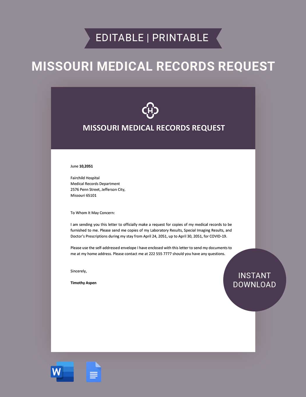 Missouri Medical Records Request Template in Word, Google Docs