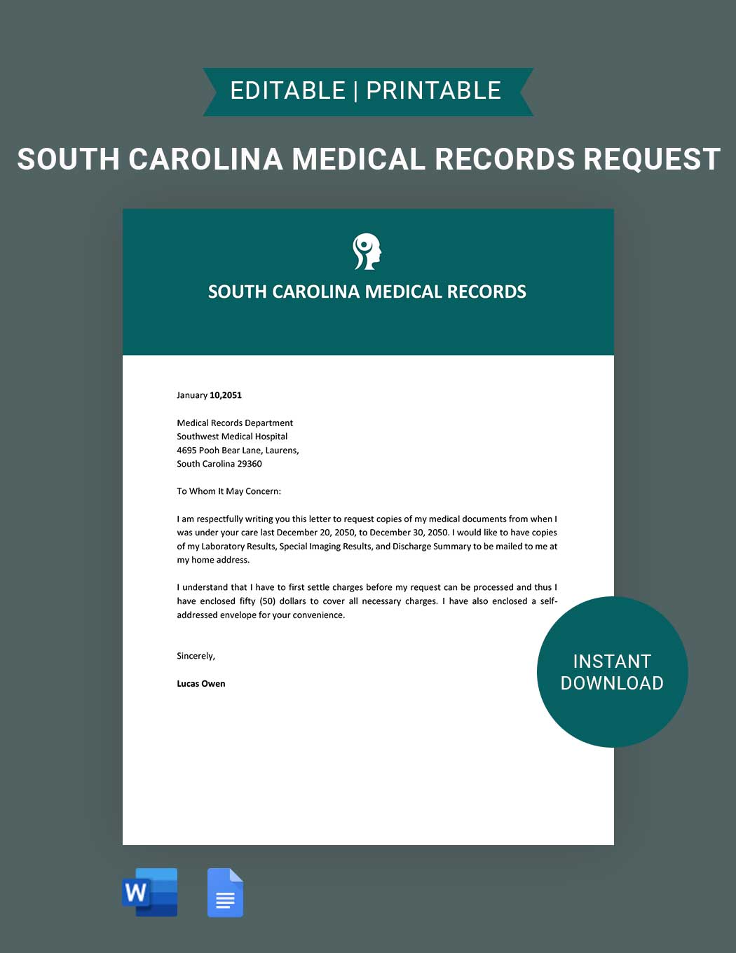 South Carolina Medical Records Request Template in Word, Google Docs