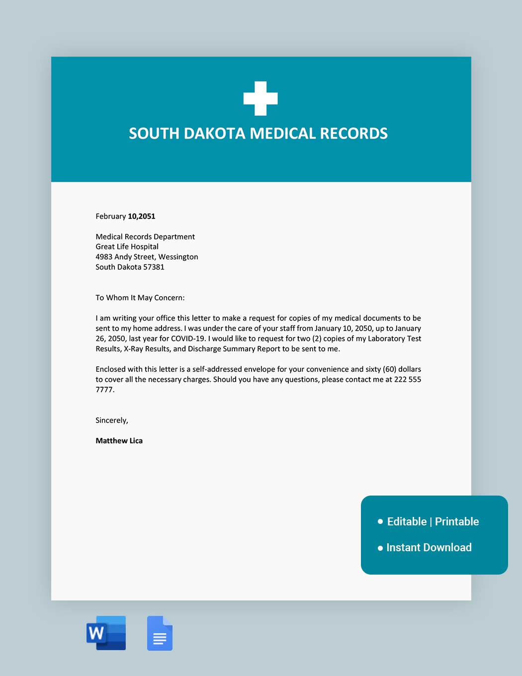 South Dakota Medical Records Request Template in Word, Google Docs