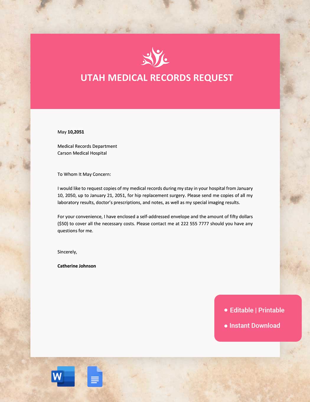 Utah Medical Records Request Template in Word, Google Docs