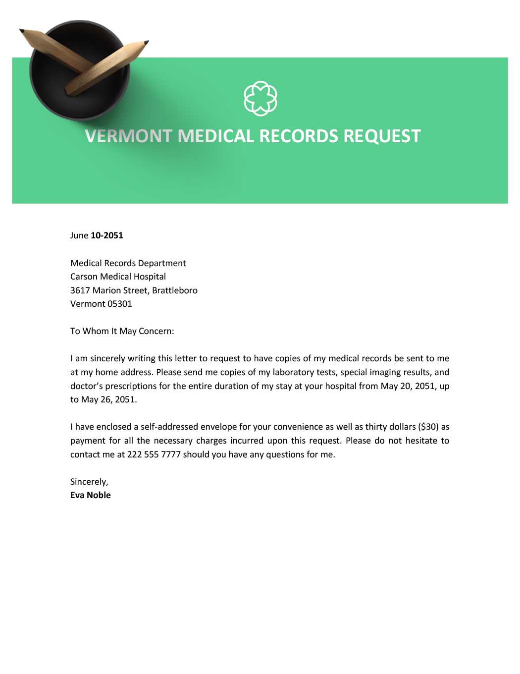 Vermont Medical Records Request Template