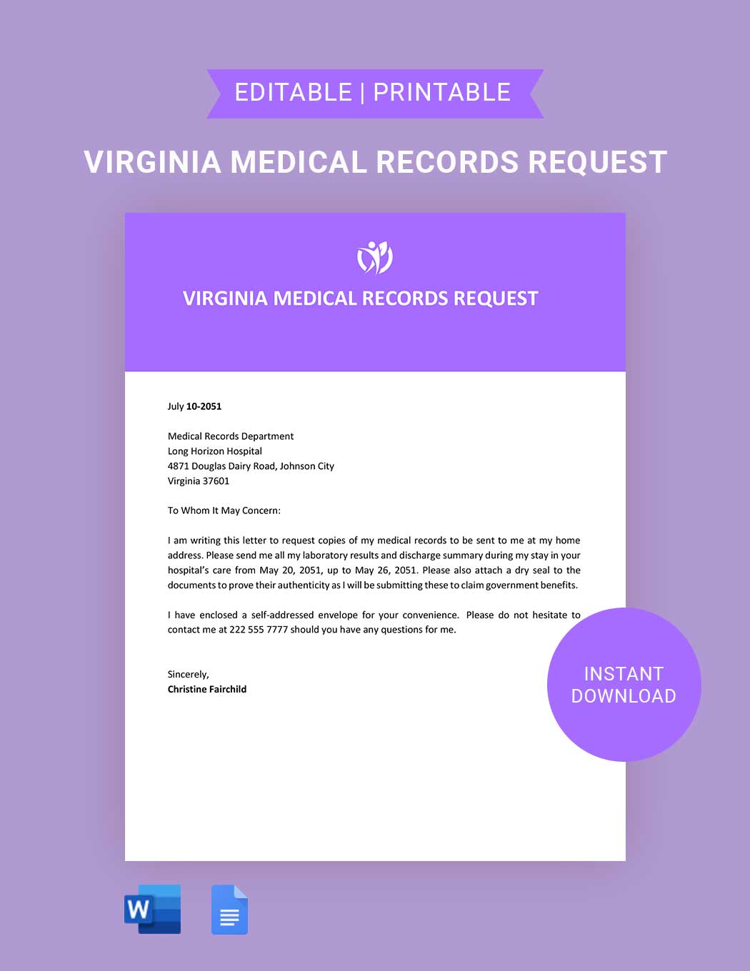 Virginia Medical Records Request Template in Word, Google Docs