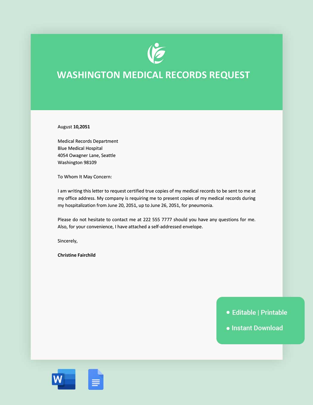 Washington Medical Records Request Template in Word, Google Docs
