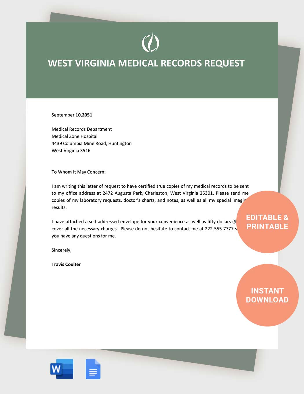 West Virginia Medical Records Request Template in Word, Google Docs