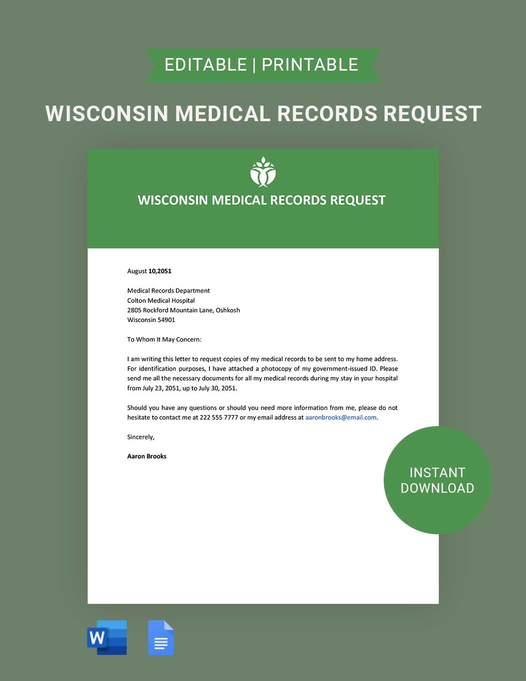 Wisconsin Medical Records Request Template in Word, Google Docs