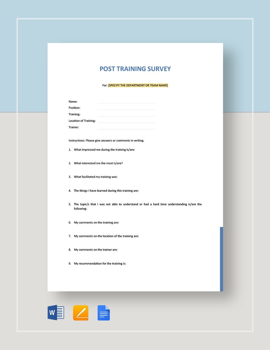 Post Training Survey Template Google Docs, Word, Apple Pages