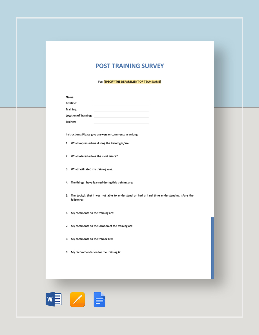 Post Training Survey Template in Word, Google Docs, Apple Pages