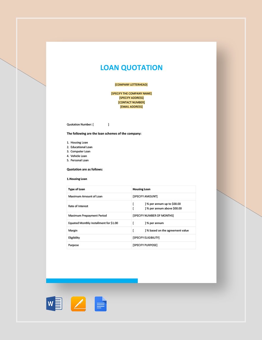 Loan Quotation Template in Word, Google Docs, Apple Pages