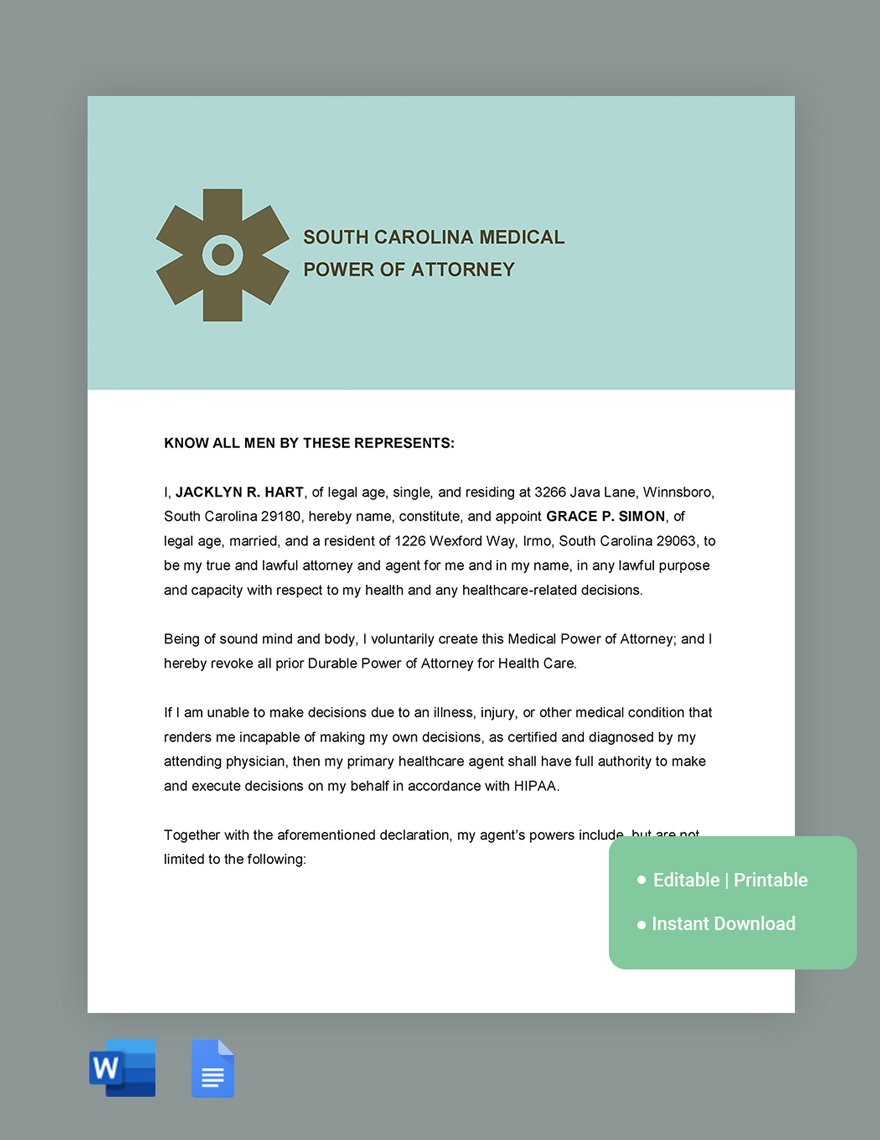 South Carolina Medical Power Of Attorney Template in Word, Google Docs