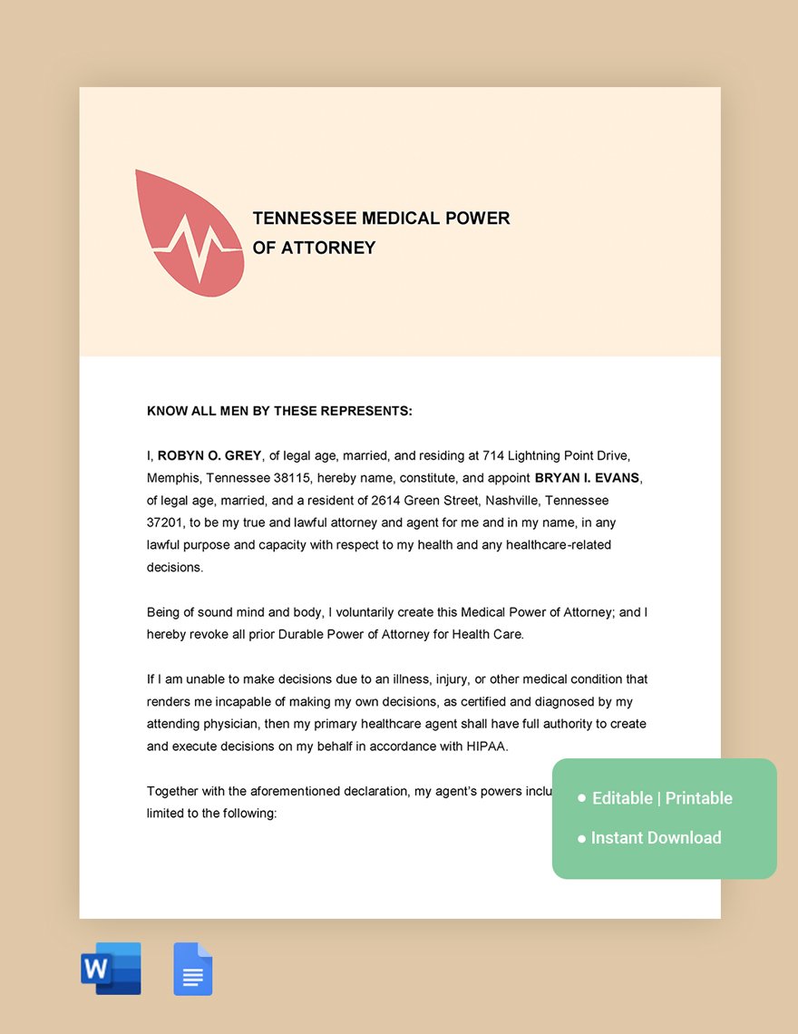 Tennessee Medical Power Of Attorney Template in Word, Google Docs