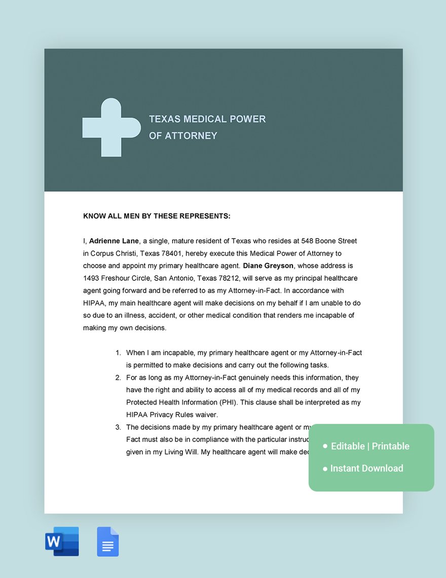 Texas Medical Power Of Attorney Template in Word, Google Docs