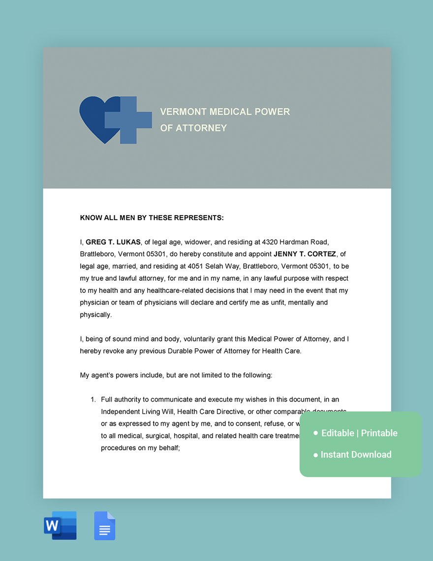 Vermont Medical Power Of Attorney Template