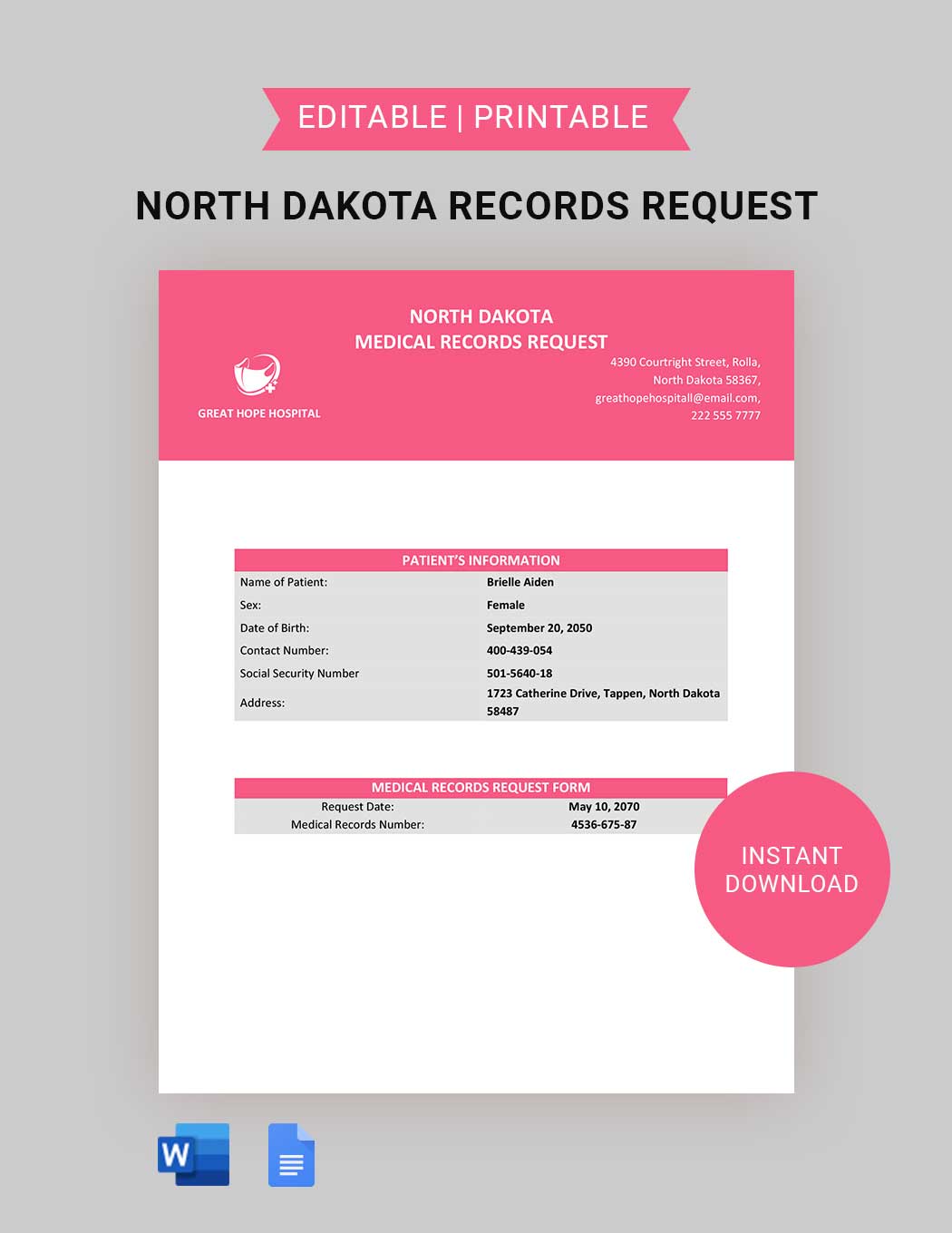 North Dakota Medical Records Request Template in Word, Google Docs