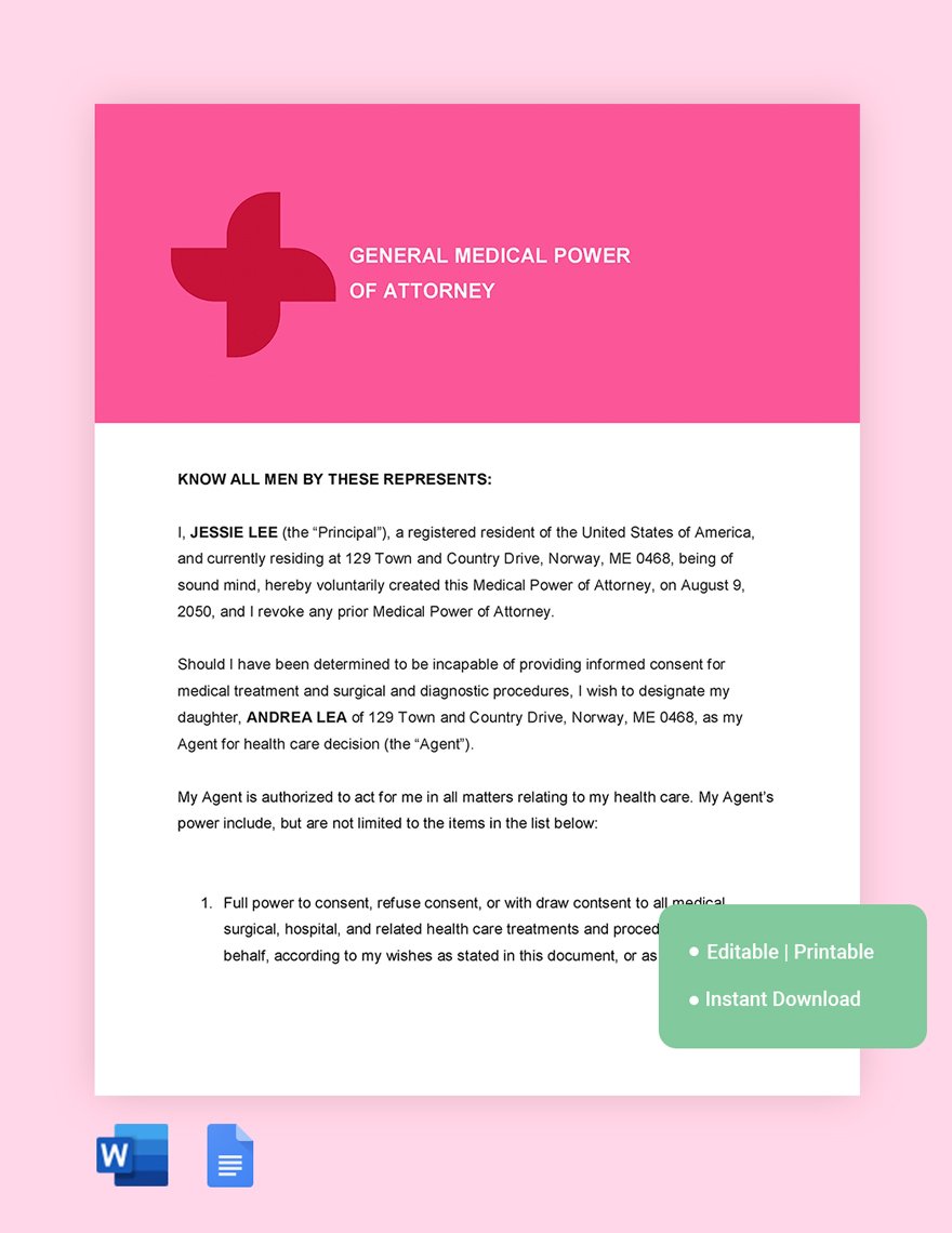 Free General Medical Power Of Attorney Template