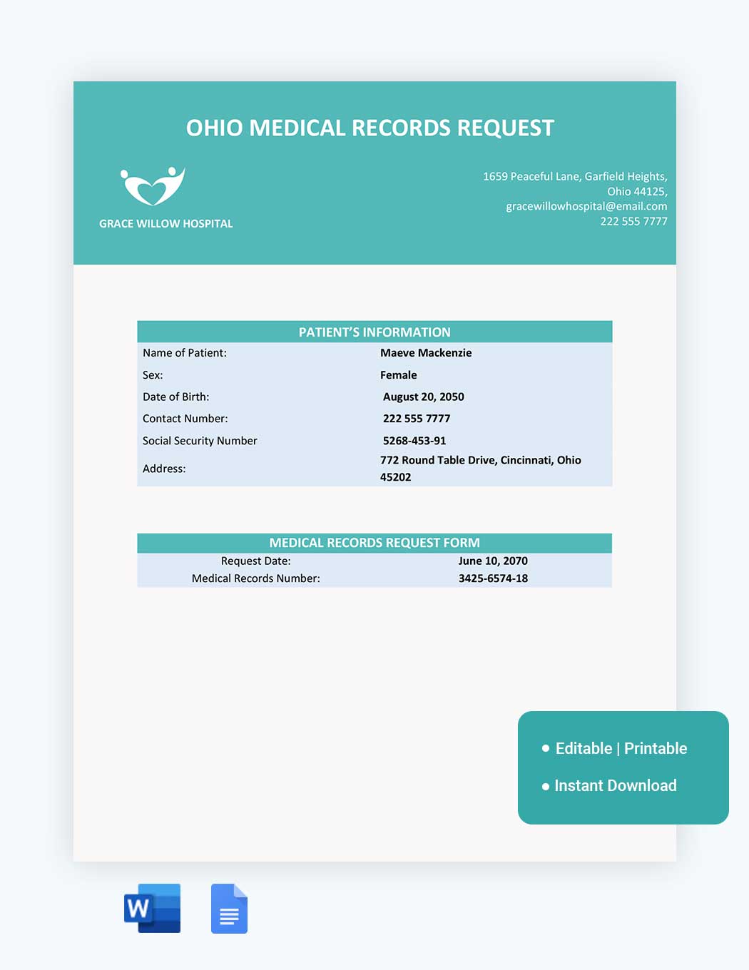 Ohio Medical Records Request Template in Word, Google Docs