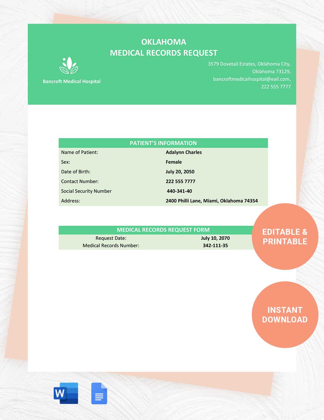 Oklahoma Medical Records Request Template in Word, Google Docs