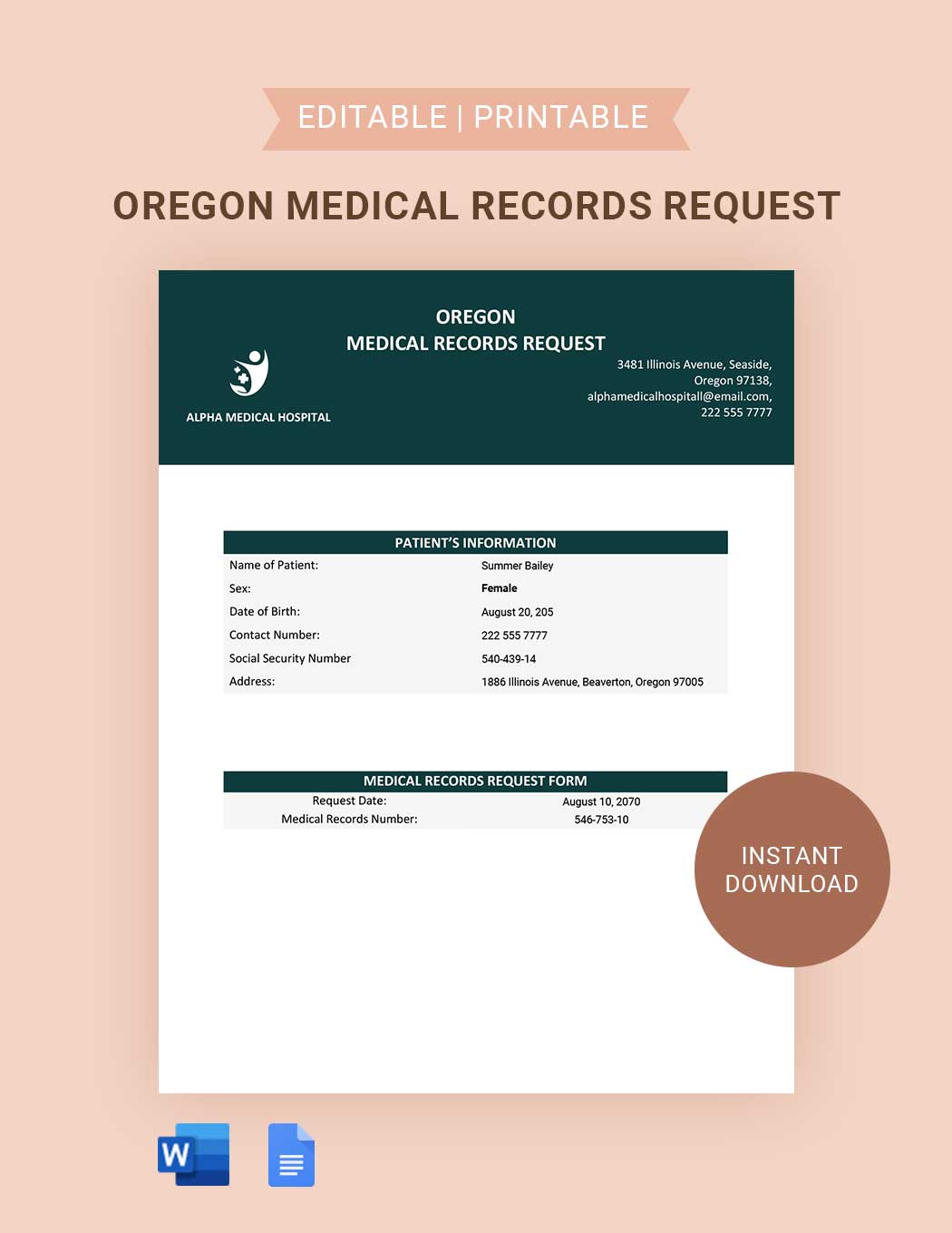 Oregon Medical Records Request Template in Word, Google Docs