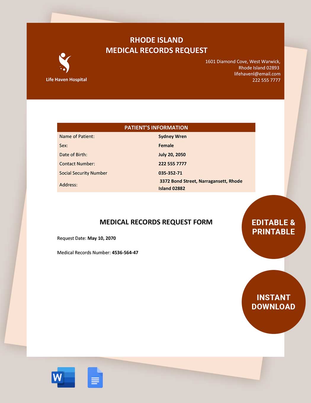 Rhode Island Medical Records Request Template in Word, Google Docs