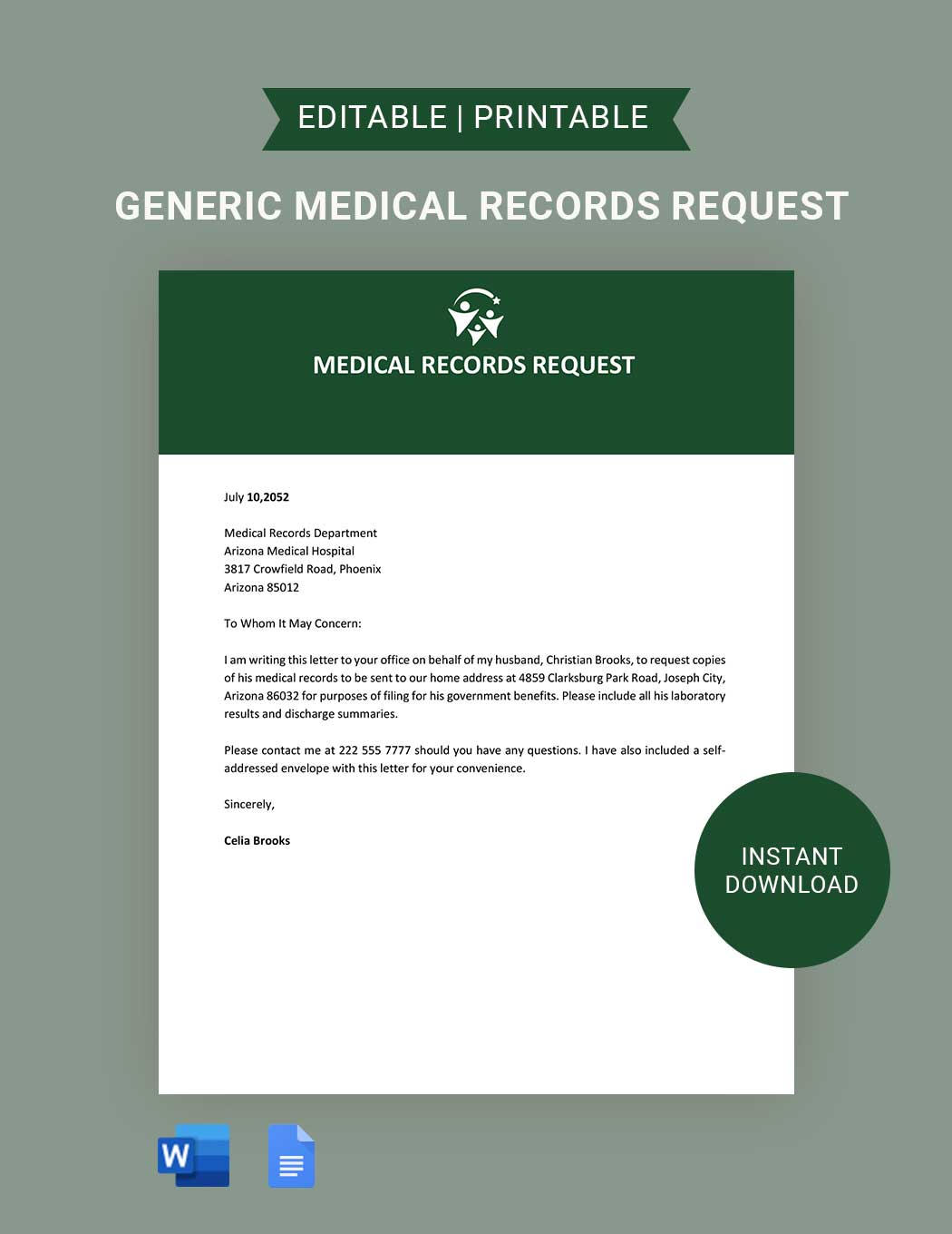 Generic Medical Records Request Example in Word, Google Docs