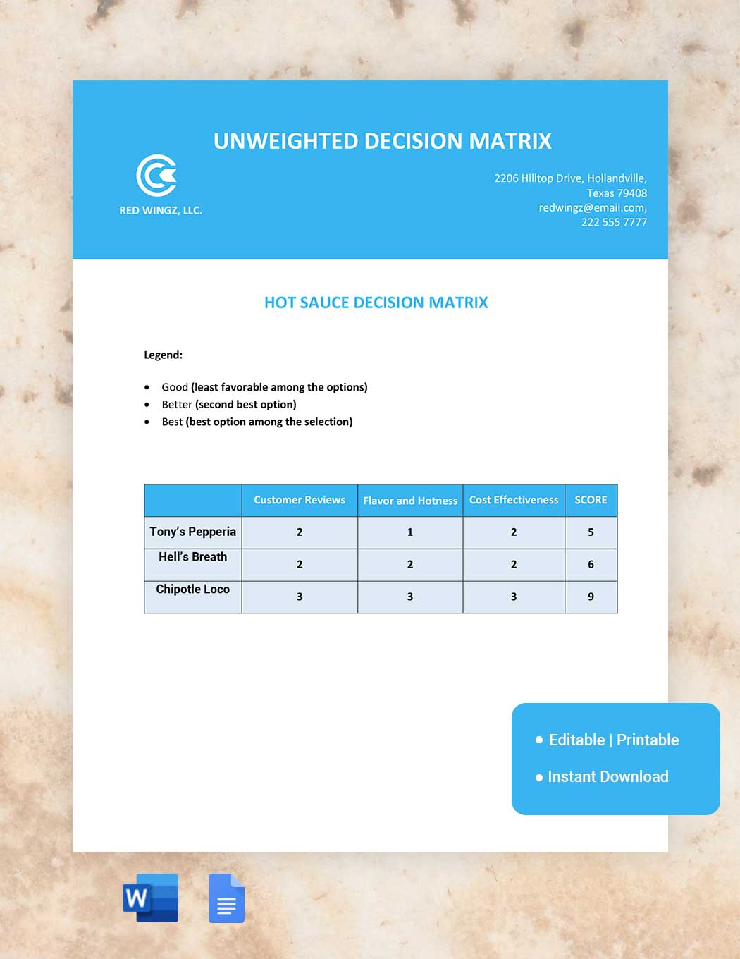 Unweighted Decision Matrix Template in Word, Google Docs