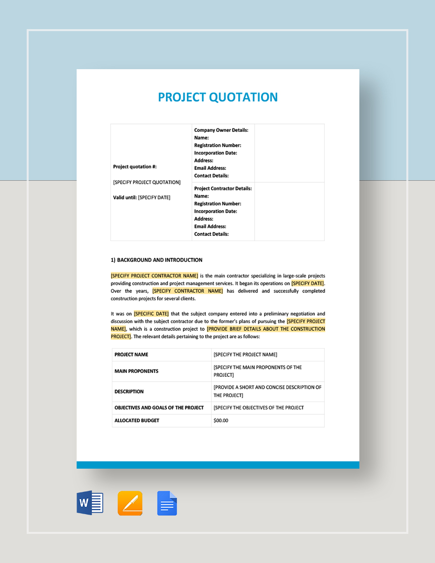 Project Quotation Template - Google Docs, Google Sheets, Word, Apple ...