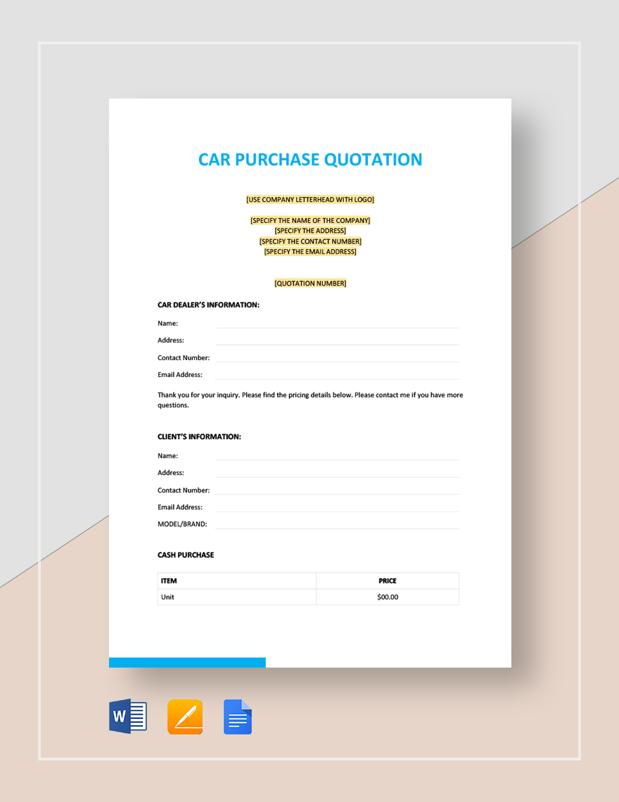 Car Purchase Quotation Template In Google Sheets Pages Word Google 