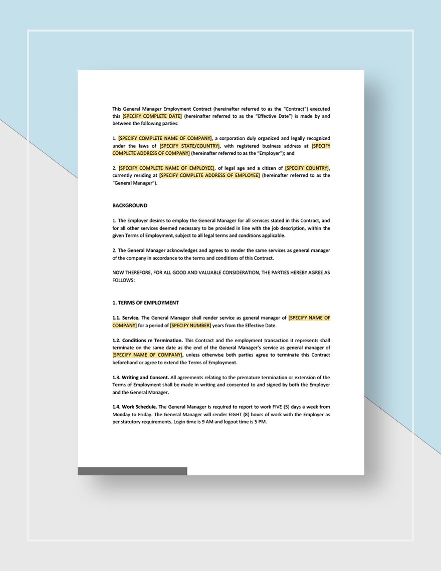 General Manager Employment Contract Template