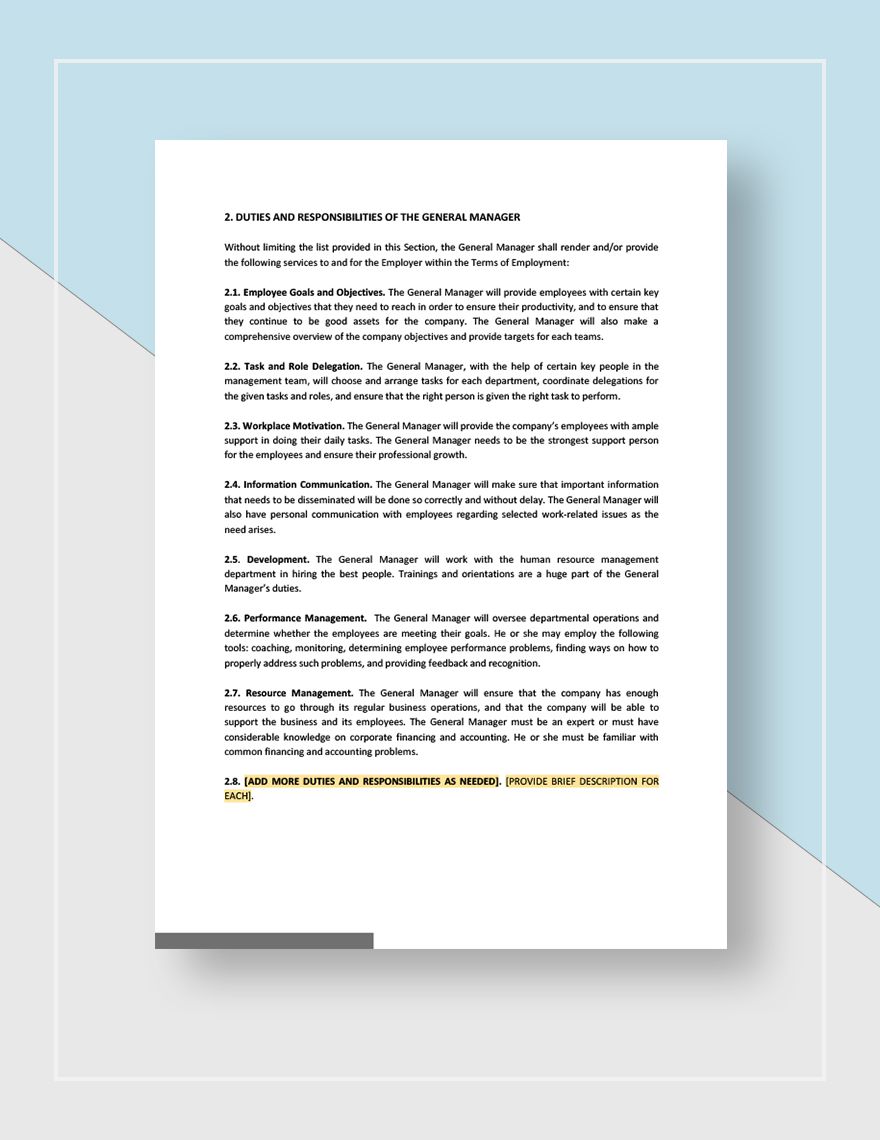 General Manager Employment Contract Template Google Docs Word Apple